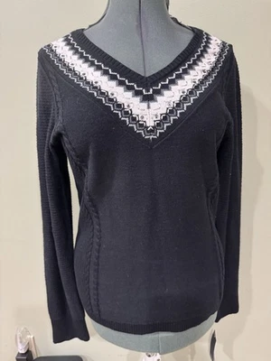 Suéter Tommy Hilfiger Para Mujer Negro/Blanco Lentejuelas Adornado con Cuentas Cuello en V LS Talla XL Foto 1 de 4