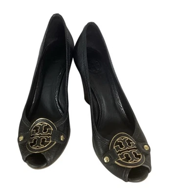 Tory Burch Shoes Amanda Size 8 Black Leather Peep Toe Wedge Heels - Image 1 of 4