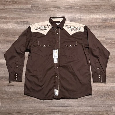 NEW Panhandle Slim Retro Western Wear Mens XL Pearl Snap Brown Embroidered Shirt - Image 1 of 4