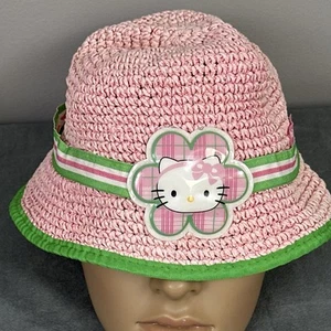 Vintage Y2K Kids Sanrio Hello Kitty Bucket Hat Paper Straw Pink Green Daisy Cute - Picture 1 of 11