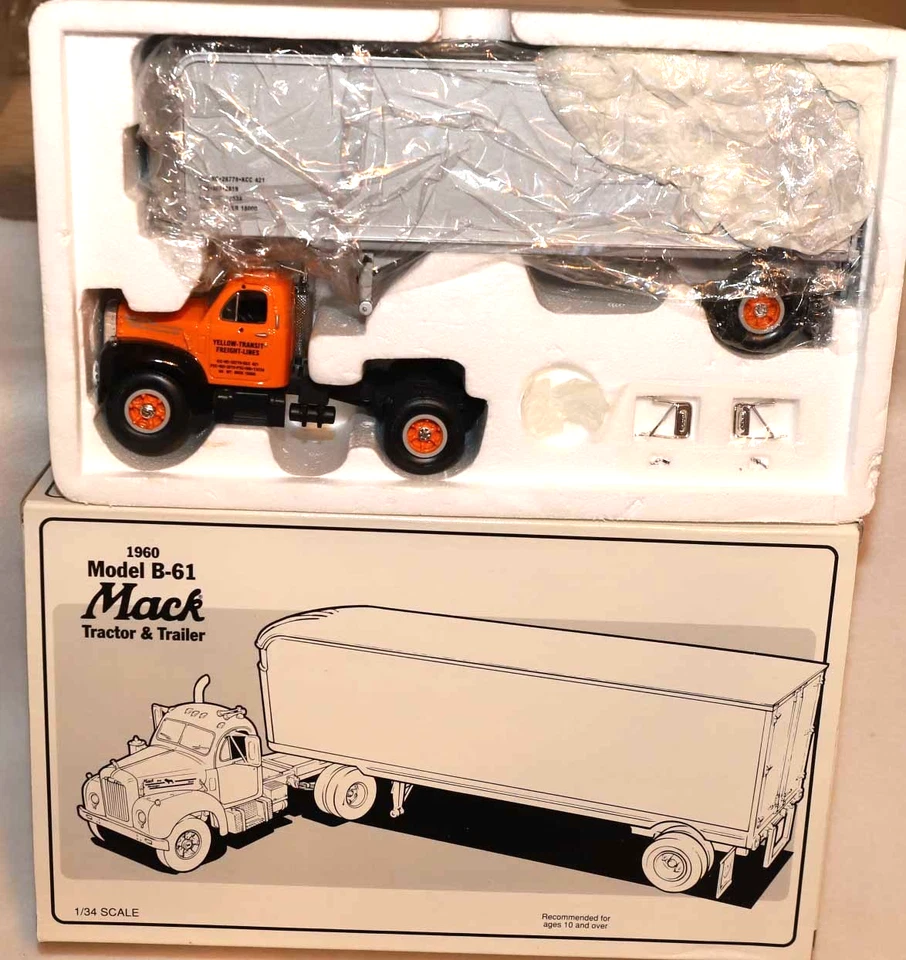 Camión remolque tractor Mack Yellow Transit 1960 primera marcha fundido a presión 1:34 10-1293 Foto 1 de 4