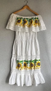 Artisan Mexican Dress Womens Large Sunflower Embroidery Boho Peasant Flutter - Picture 1 of 9