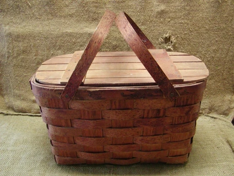 Vintage Weaved Picnic Basket Antique Box Boxes Wooden Cover