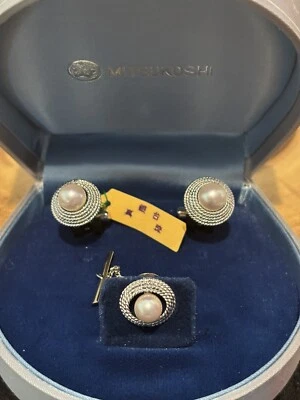 Gemelos y pasador de corbata vintage de perlas cultivadas Mitsukoshi en esterlina Foto 1 de 4