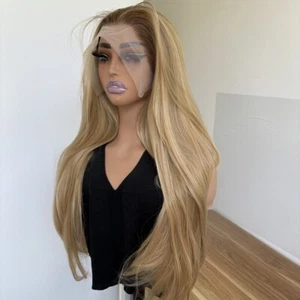 Heat Resistant Synthetic Hair Long Straight Ash Blonde T Lace Frontal Wig - Picture 1 of 8