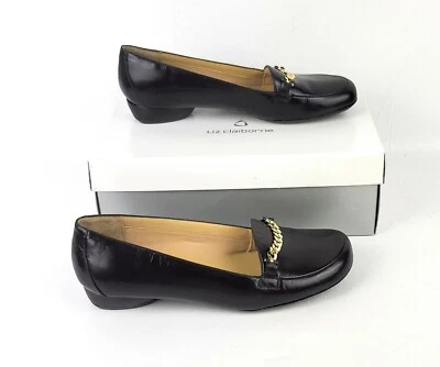 Liz Claiborne Black Leather Slip-on Women’s Size 8 Black Wedge Gold Chain - Image 1 of 4