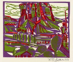 Herbert F. Plahl (1944) - Die Gralsburg - Original linolschnitt signiert - Picture 1 of 1