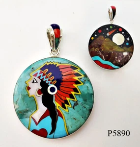 LOVELY HANDCRAFTED SQUAW TURQUOISE MOUNTAIN INLAY .925 SILVER MEDALLION PENDANT - Picture 1 of 4