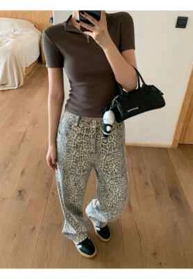 PANTALONI LEOPARDATI WIDE LEG DENIM VITA ALTA JEANS LARGHI Y2K ANIMALIER LOOSE - Immagine 1 di 4