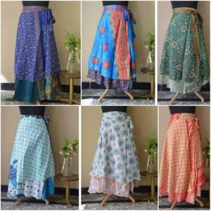 Wholesale Lot 5 PC Silk Sari Wrap Skirt Women Reversible Long Beach Wrap Skirt - Picture 1 of 5
