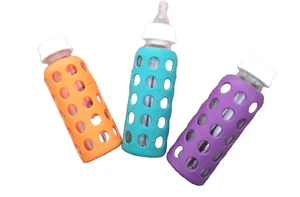 3 Lifefactory Glass 9oz. Baby Bottles w/Protective Silicone Sleeve, Flat Caps - Picture 1 of 6