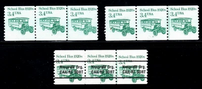 Stamp USA - 3.4¢ School Bus - plate # 1, 2, & 1 coil strips of 3 SC#2123 & 2123A - Image 1 of 4
