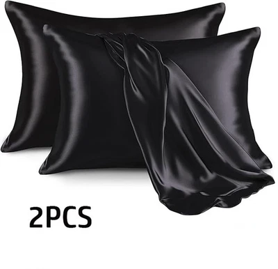 Silk Satin Pillowcase 2 Pack, Queen Size Pillow Cases Set of 2, (20x30, Black)