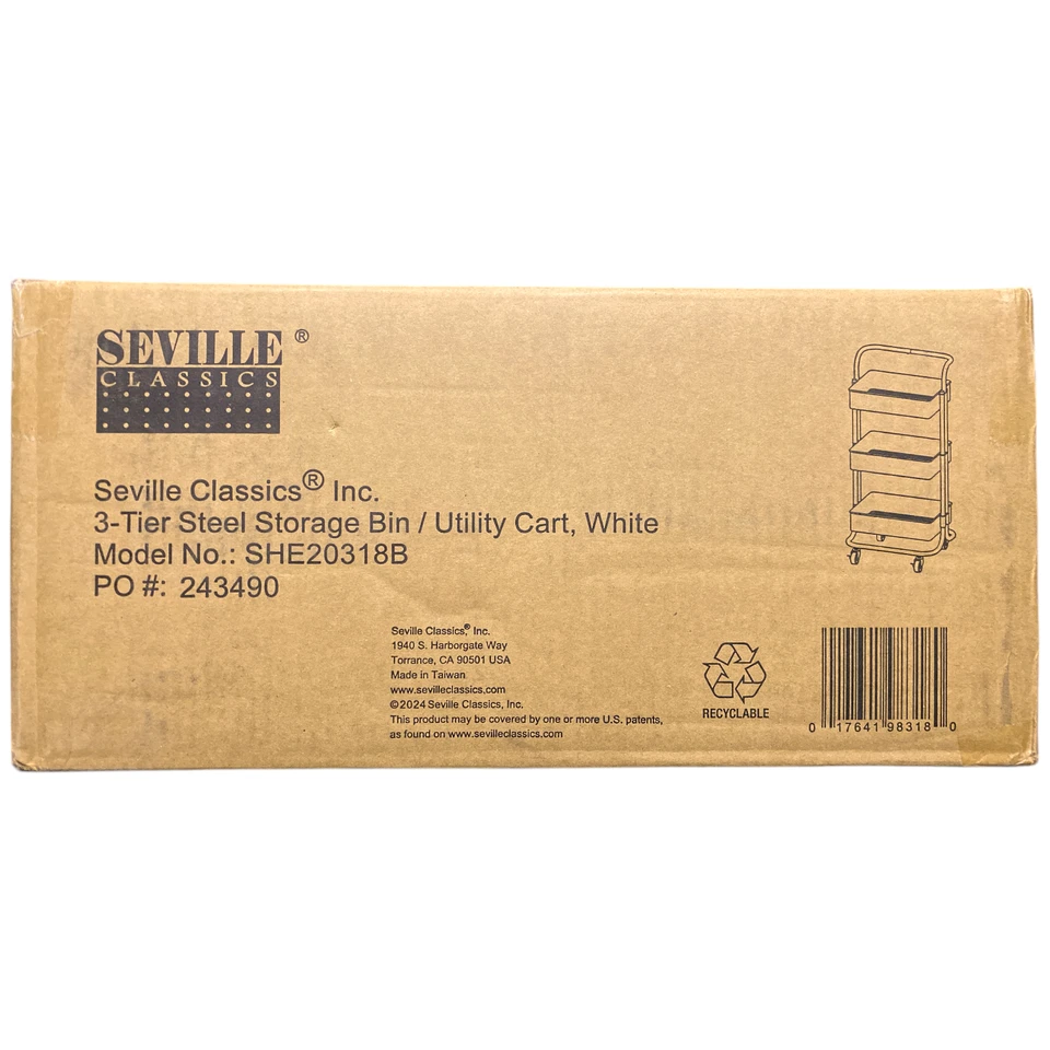 Carro utilitario contenedor de almacenamiento de acero rodante Seville Classics de 3 niveles, blanco, SHE20318B Foto 1 de 1