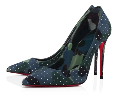 Christian Louboutin Kate Plume 100 Camuflaje Azul Verde Gamuza Clásico Tacón Bomba 38.5 Foto 1 de 4