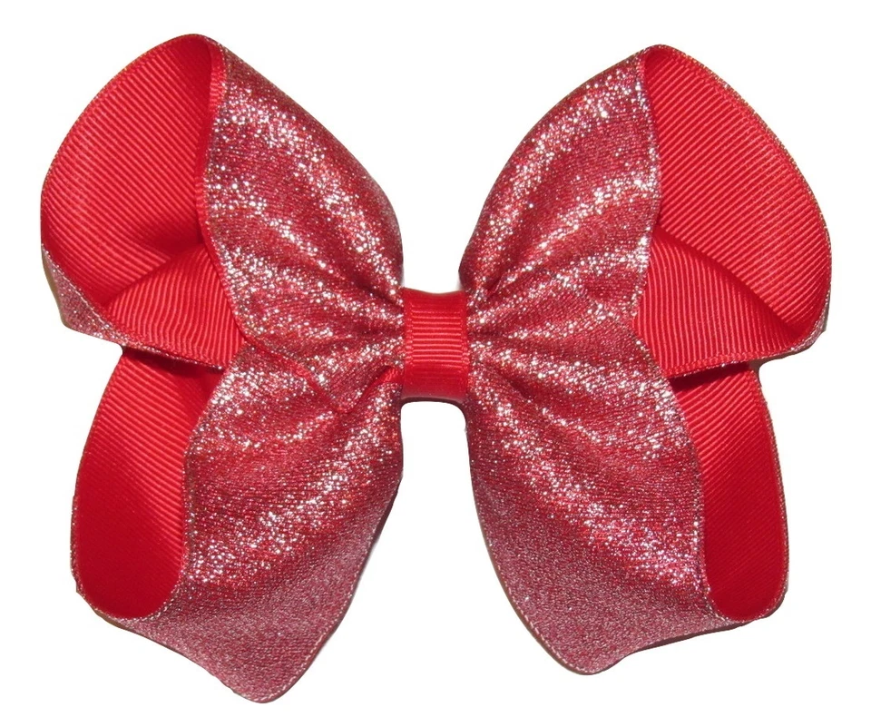 NEW "SHIMMERY SILVER/RED" Hairbow Alligator Clips Girls Ribbon Bows 5 Inch - Image 1 of 1