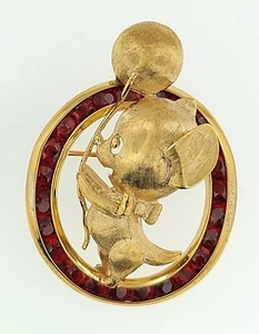 Vintage Lucien Piccard Mouse With Baloon On 14k Yellow Gold With Rubies Mint - Picture 1 of 12