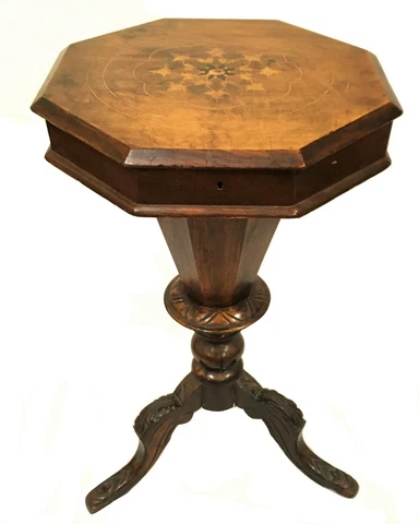 c.1840-60s Continental Walnut Trumpet Sewing Table with Inlay, Very Rare Cover