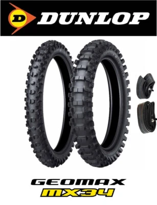 JUEGO NEUMÁTICOS DUNLOP MX34 GEOMAX 80/100-21 Y 100/90-19 + TUBOS KAWASAKI KX125 250 450 Foto 1 de 3