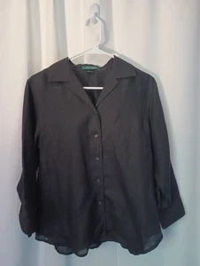 Lauren Ralph Lauren Linen Button Up Top Womens Medium Petite Black Old Money - Picture 1 of 8