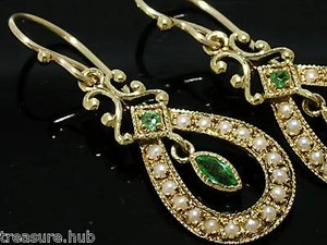 CE041 CHARMING Genuine 9K SOLID Yellow Gold NATURAL Emerald Pearl Drop Earrings - Picture 1 of 5