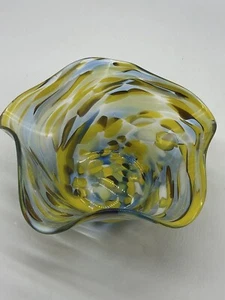 Vetro Kunst Glas Schale blau gelb Wirbel Konfetti 7,75" - Bild 1 von 14