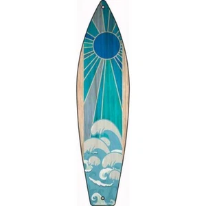 Letrero de tabla de surf de metal 17""x4,5"" placa puerta de hogar garaje pared azul sol y olas - Imagen 1 de 1