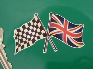 Aged Style Crossed Chequered & Union Jack Flags Bike Sticker 3" Car Helmet - Picture 1 of 1