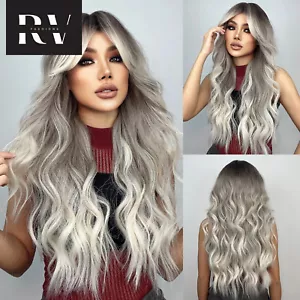 Cosplay wig women's Gray Ash Brown Blonde Ombre hair large wavy long curly Hair - Picture 1 of 11