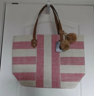 BOLSO DE MANO CHEROKEE ROSA PAJA Y MARFIL RAYAS - BORLAS - NUEVO CON ETIQUETAS Foto 1 de 4