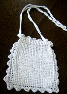 Antique drawstring wedding bag crochet lace rosses design w tassels handmade - Picture 1 of 7
