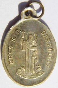 Antique St. Benedict Shield Silvered Brass Holy Medal Catholic Patron Exorcism - Picture 1 of 2