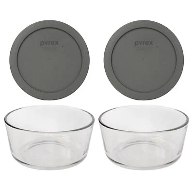 Pyrex (2) 7201 4-Cup Glass Bowls & (2) 7201-PC Puddle Gray Lids - Image 1 of 4