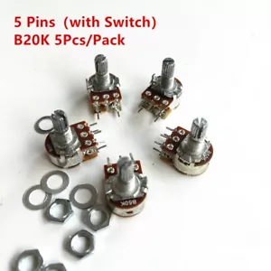 5Pcs B20K 20K WH148 5 Pins Potentiometer with Switch Shaft 15mm 5 Pin - Picture 1 of 5