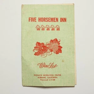 VTG the Pickwick Recreation Center Five Horsemen Inn Wine List Burbank CA 50's - Picture 1 of 3