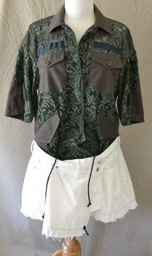 Abito Sacai verde oliva pizzo top bianco fondo demin toppe esercito taglia 2 media