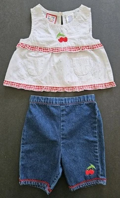 Baby Girl Cherry 2 Pc Outfit Eyelet Top Embroidered Denim Jeans 6-9 Mos Gingham - Image 1 of 4