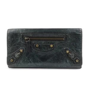 BALENCIAGA Logo Leather Bi-Fold Long Wallet Black Authentic Used F/S - Picture 1 of 24