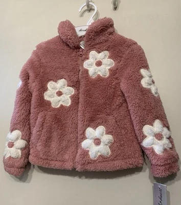 Jaqueta Rosa, Padrão Flor Rosa Branca, Com Bolsos, Sherpa, Meninas, Zíper, 5 Anos - Imagem 1 de 4