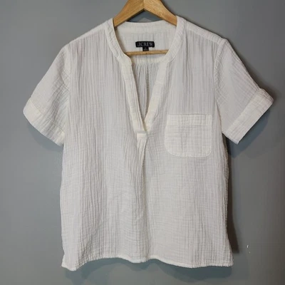 J. Blusa popover feminina Crew gaze de algodão tamanho médio branca costeira preppy - Imagem 1 de 4