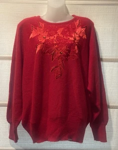Diane Marco Red Poinsettia Holiday Sweater~Lace~Pearls~Beads Size 22W EUC - Picture 1 of 6