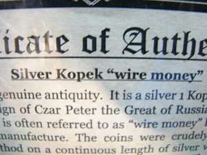 Russland SILBER KOPEK DRAHTGELD von Peter dem Großen l mit C.O.A.    Wie abgebildet - Bild 1 von 5