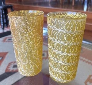 VTG Spaghetti String Highball Glasses Tumblers MCM Yellow Set Of 2 - Picture 1 of 4