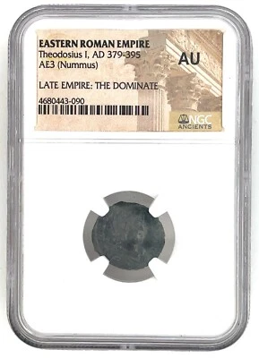Imperio Romano de Oriente Teodosio I dC 379-395 AE3 Nummus Imperio tardío NGC AU. Foto 1 de 4