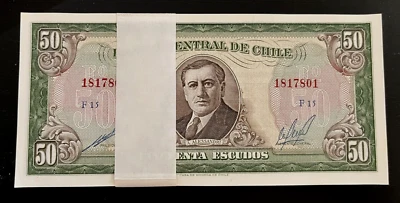 CHILE 50 ESCUDOS P-140 1962 X 100 PCS BUNDLE HORSE BANCO CENTRAL UNC LARGE NOTE - Image 1 of 4