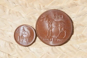 Monete Norvegesi - Alce e Scoiattolo dal 1960 - 1972 / Olav V - 1 Øre e 5 Øre - Foto 1 di 5