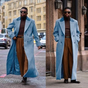 Men Overcoats Wool Blend Double Breasted Extra Long Peak Lapel Warm Coats Jacket - Picture 1 of 62