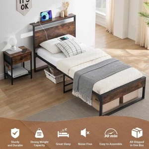 14" Twin Bed Frame with Headboard , Power Outlets Platform Beds for Bedroom, - Picture 1 of 7