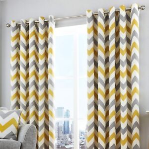 Fusion CHEVRON Mustard Yellow Ochre White Grey Curtains Eyelet Ring & Cushions