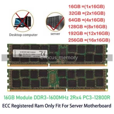 Kingston 16 GB 2Rx4 PC3-12800R DDR3-1600MHz ECC REG RDIMM Server Memory 1.5V lot - Image 1 of 4